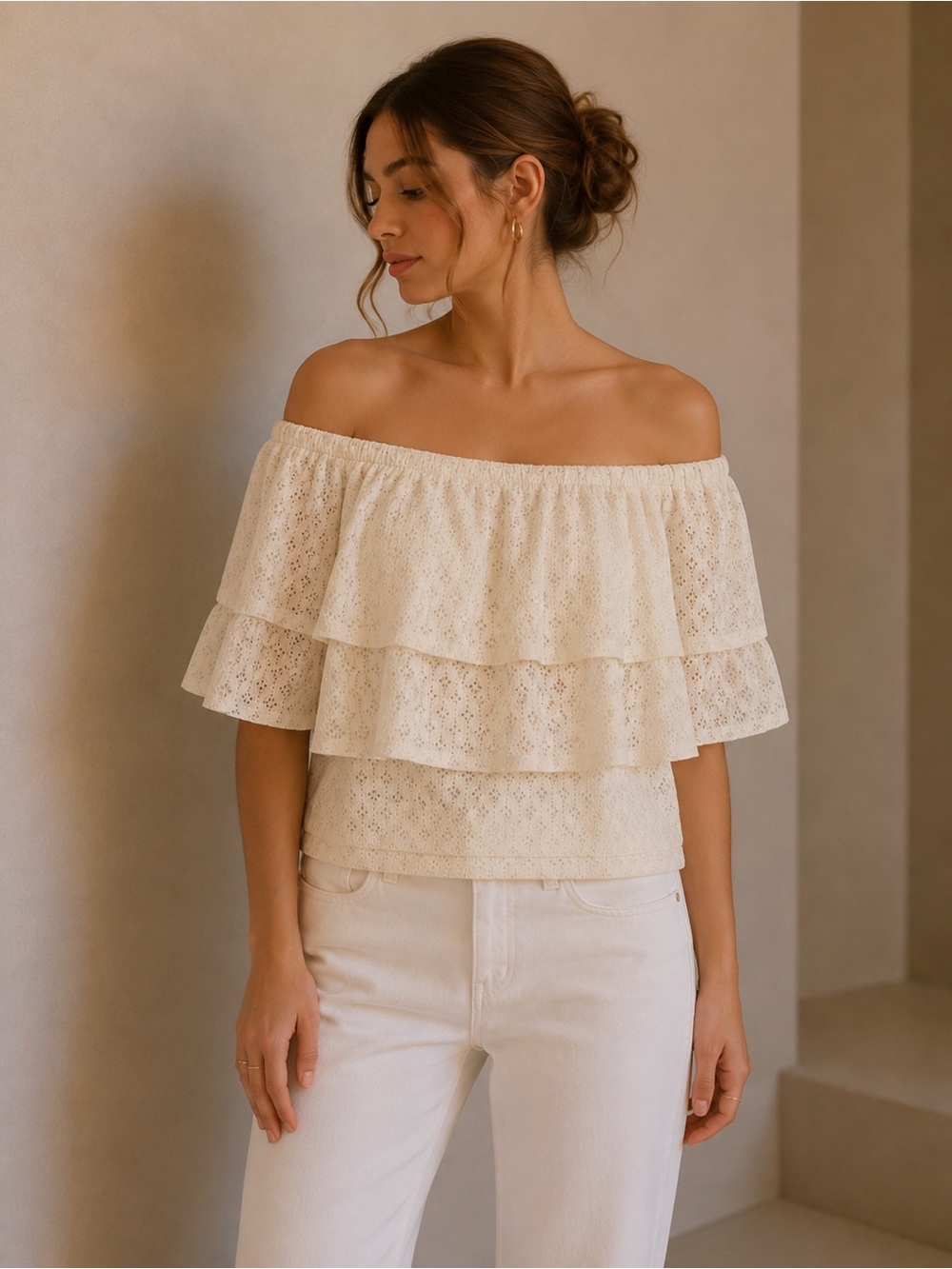 Banana Republic Cream Off-Shoulder Lace Eyelet Tiered Top Size Medium